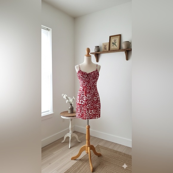 Sunday Best| Red & White Floral Gathered Bodice Spaghetti Strap Mini Dress Sz 2 - Picture 8 of 8